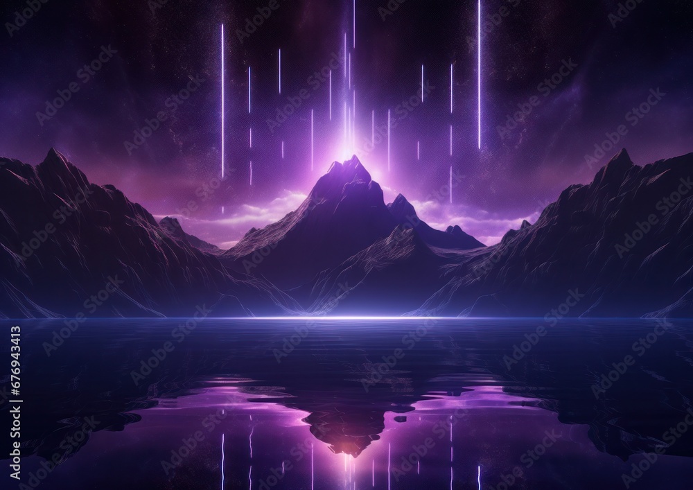 Digital art of a surreal mountain landscape with purple light pillars and reflection