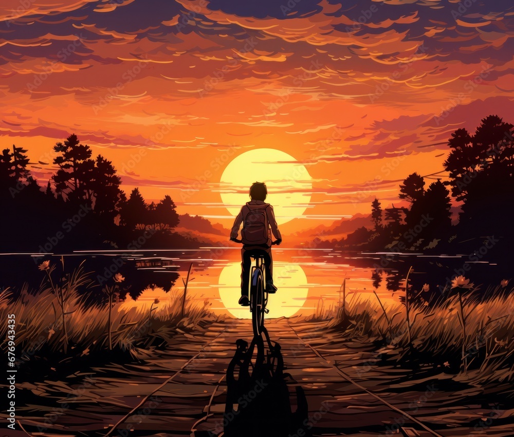 Fototapeta premium Silhouetted cyclist on a wooden bridge against a vivid sunset reflecting off tranquil waters