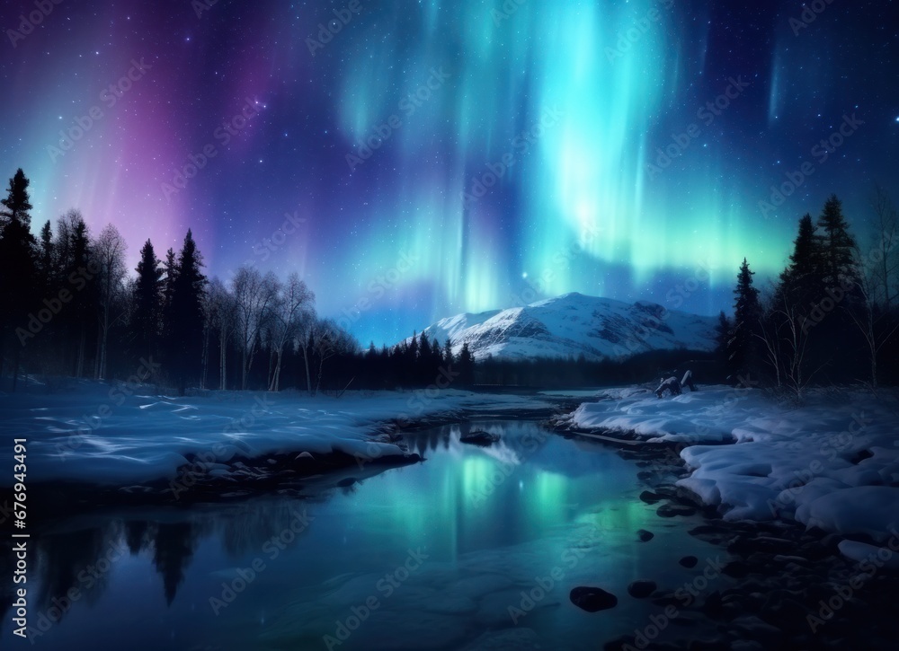 Stunning night sky filled with the natural phenomenon of aurora borealis over a serene, snow-covered landscape