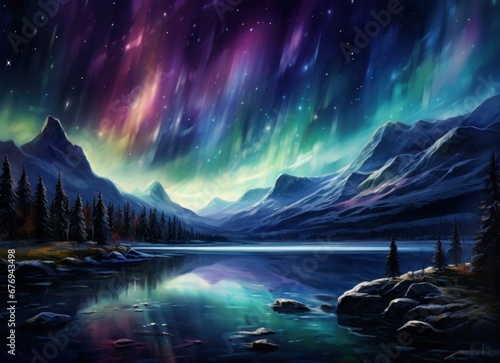 A vivid painting of aurora borealis dancing over a peaceful mountain lake, radiating beauty and tranquility © mockupzord