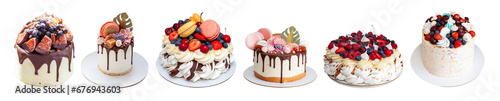 Set of different berry cakes decorated with melted chocolate, fresh blueberry, strawberry, raspberry, cherry isolated on white background, png