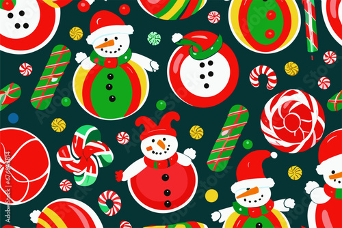 Vector christmas pattern with cartoon funny snowman in red hat of santa claus and scarf, candies, lollipop, toys ball on a green background. 2024 New Year's fashion ornament for fabric, paper, texti