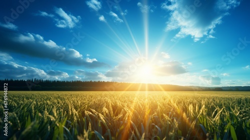 Breathtaking sunrise over vibrant wheat fields in a serene countryside with clear blue sky.