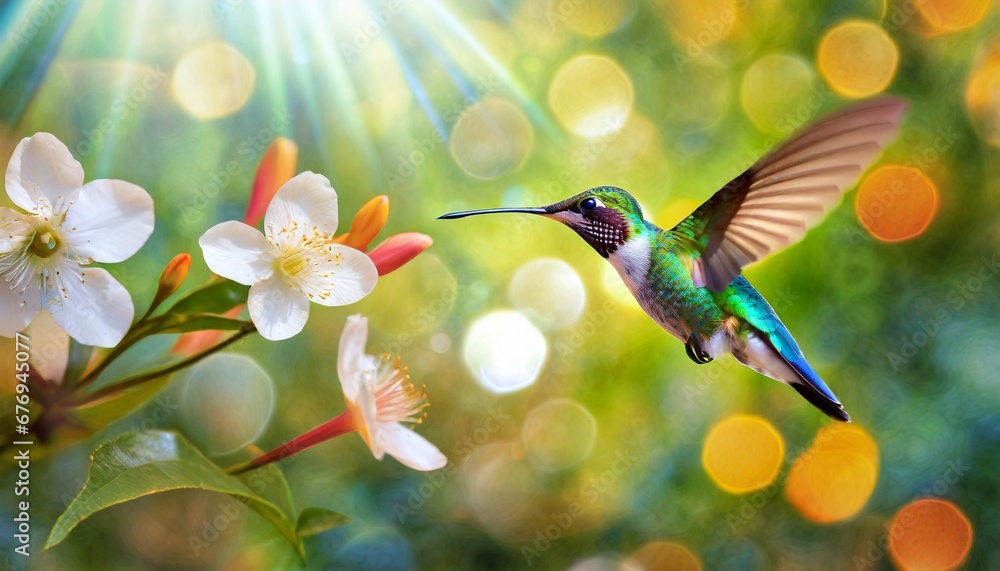 A hummingbird hovering against a colorful background