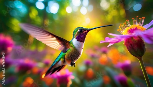 A colibri hovering against a colorful background photo