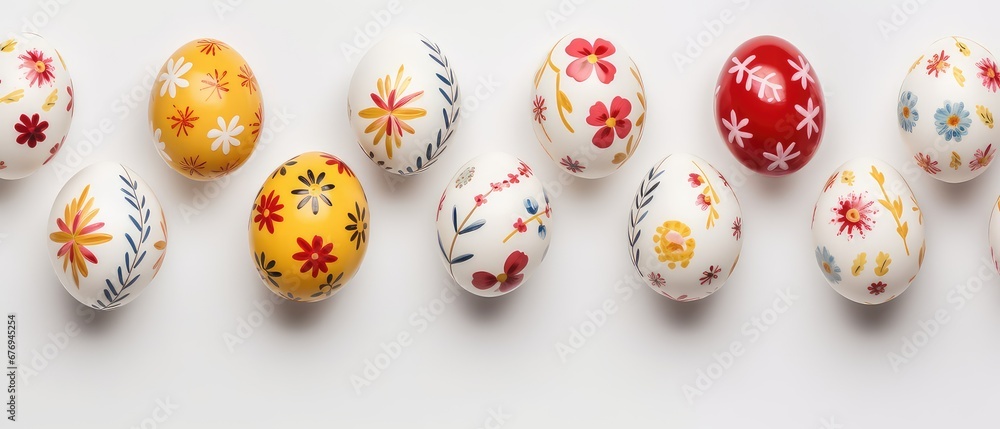 delightful  hand-painted eggs adorned in colroful floral splendor,on white background 
