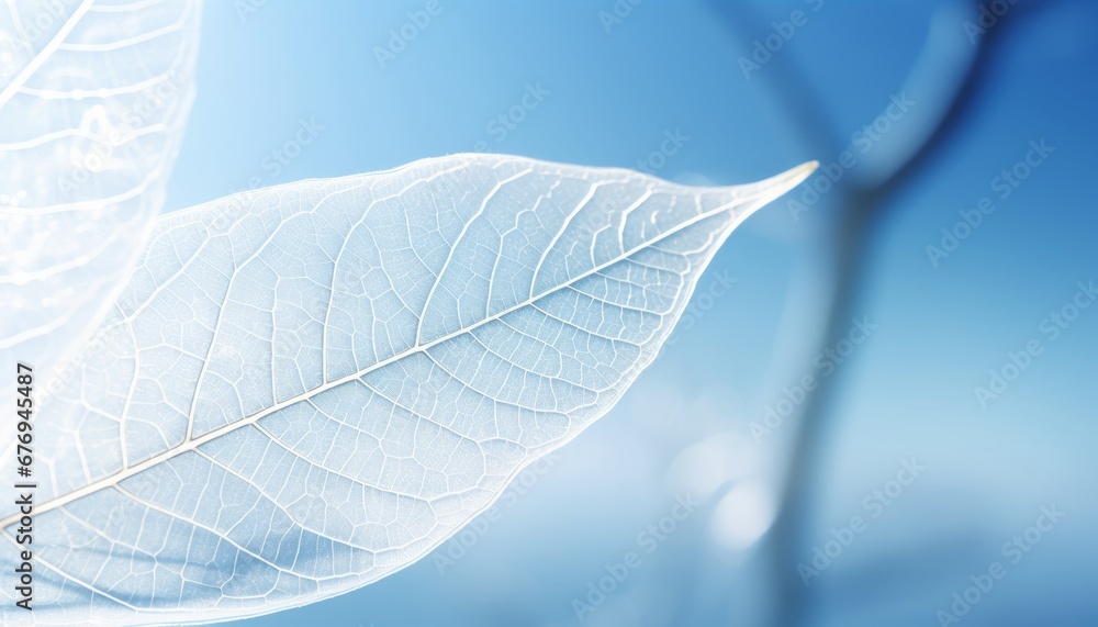 Botanical elegance delicate white leaf on light blue background with enchanting bokeh Botanical elegance delicate white leaf on light blue background with enchanting bokeh