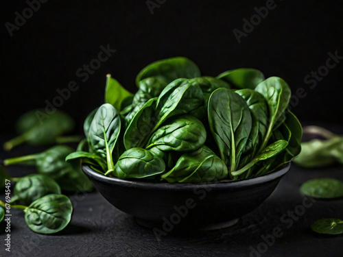 Juicy spinach leaves in a clay bowl on a black background.