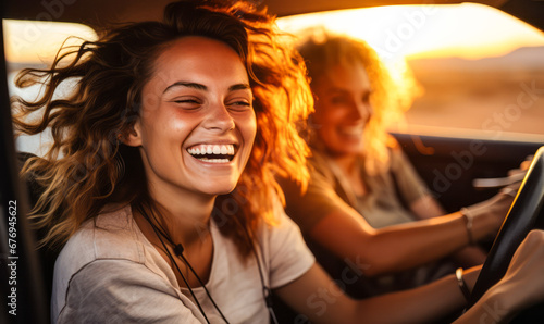 Journey Into Dusk: Young Female Friends Loving Their Road Trip