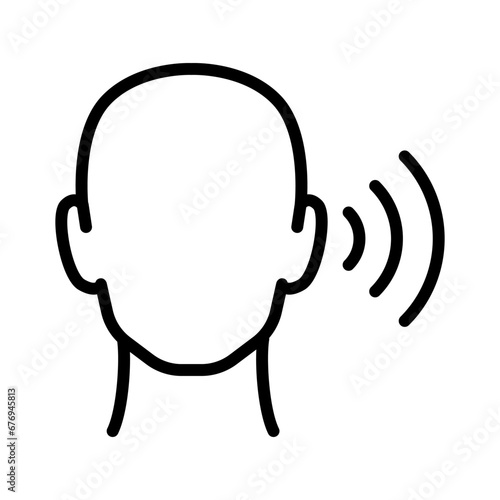 Hearing aid on human ear, linear icon, head.