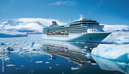 Cruise ship sailing through stunning northern seascape with glaciers, canada or alaska