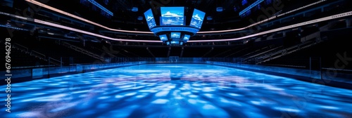 Radiant ice rink in dark hockey arena, illuminated by spotlights, glistening with brilliance.