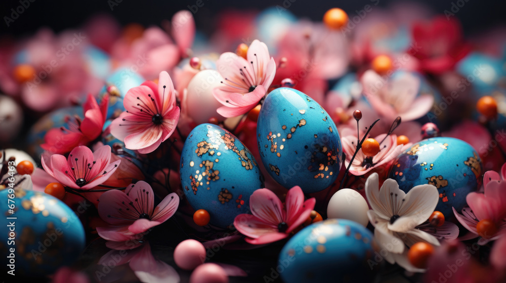 Fototapeta premium Easter pastel background with Easter eggs and flowers
