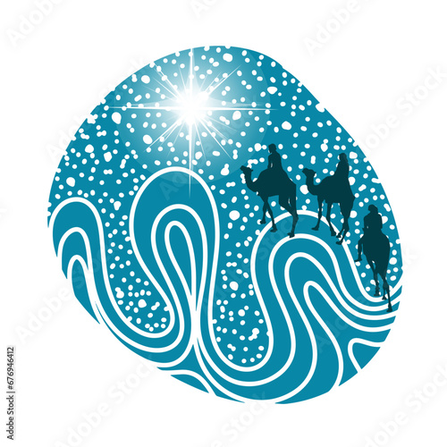 Three old orient Magi following east comet leading to new born holy baby Jesus Christ in Bethlehem present gifts gold, frankincense, myrrh. Merry Christmas. hand drawing. Not AI, Vector illustration