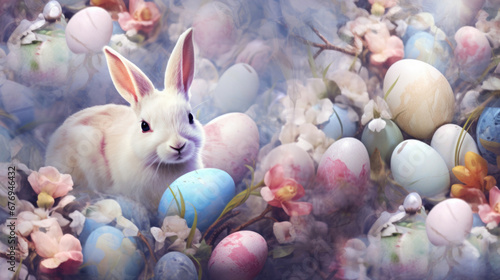 Easter pastel background with Easter eggs and flowers and with a bunny photo