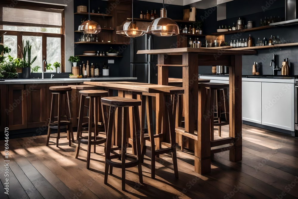 A wooden bar stool at a kitchen island.