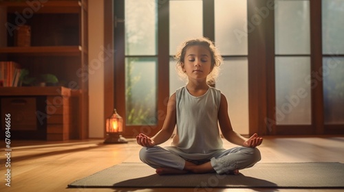 woman and preschooler 5s serene daughter meditating seated in lotus position on warm floor in modern living room. Good life habit, healthy lifestyle, yoga practice with children