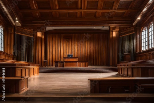 A wooden podium in a lecture hall.