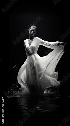Woman in the Water in a White Dress Black and White