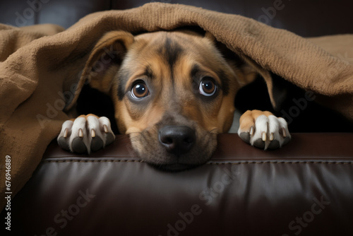 A scared dog hides under the blanket on New Year's Eve.