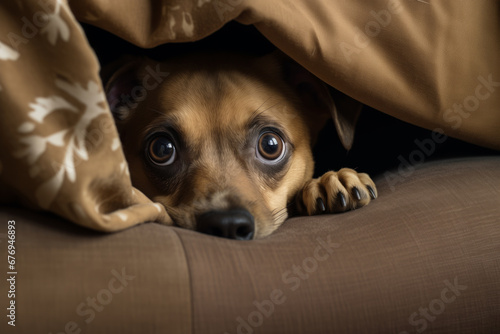 A scared dog hides under the blanket on New Year's Eve. photo