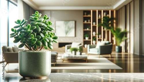 Horizontal professional photo of Crassula ovata (Jade Plant) in a modern pot on marble surface, contemporary interior, blurred background.
 photo
