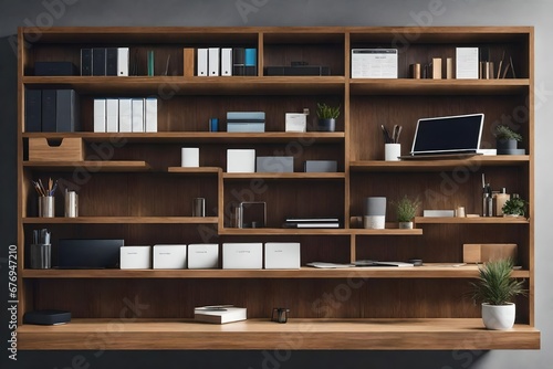 A wooden shelf unit with office supplies.