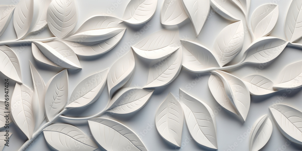 Wall Texture of White 3D Tiles in Geometric Floral Leaves Design, Panoramic Banner Wall Texture of White 3D Tiles in Geometric Floral Leaves Design, Panoramic Banner