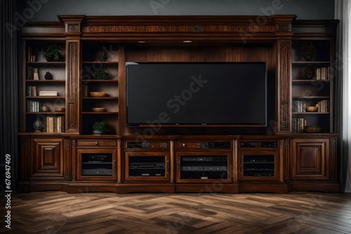 A wooden entertainment center with a large TV.