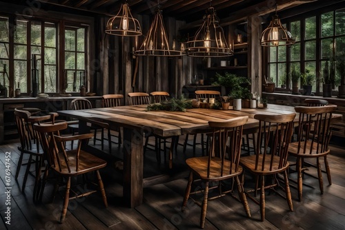 A rustic wooden dining table surrounded by mismatched chairs. © Muhammad