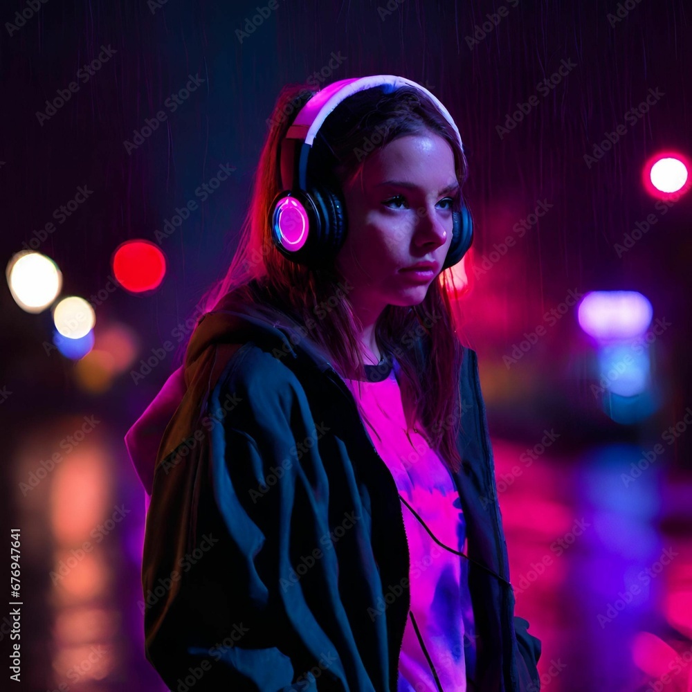 A girl with a hoodie and a jacket listening to music