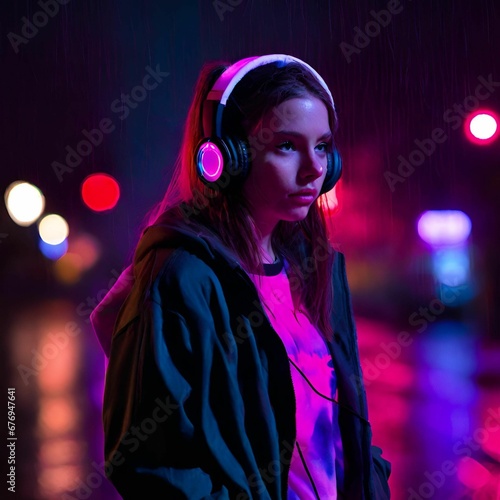 A girl with a hoodie and a jacket listening to music