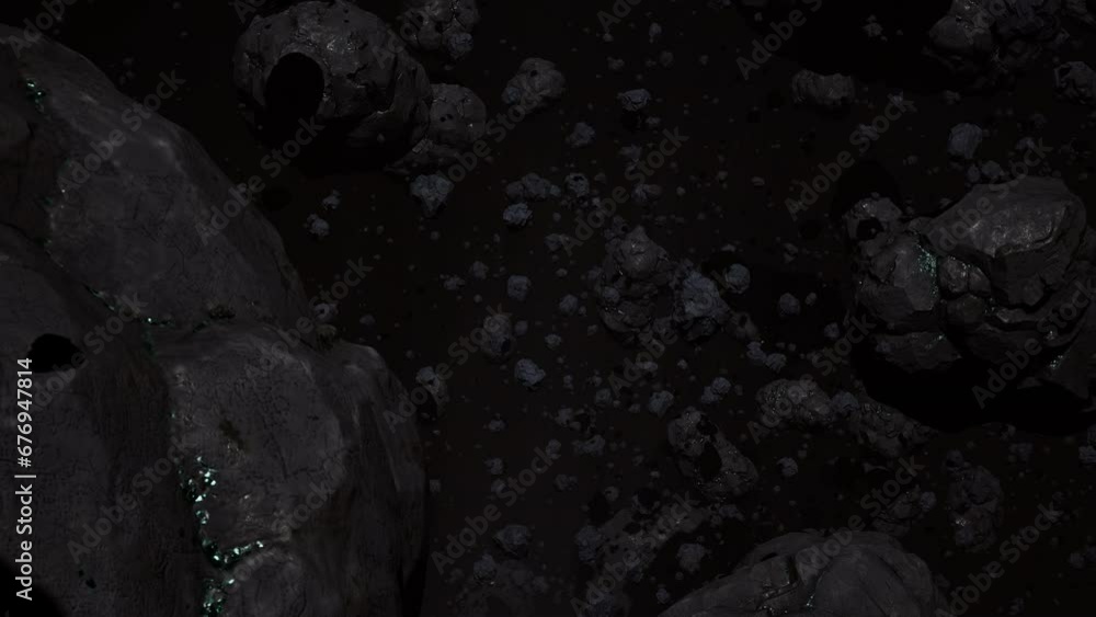 Asteroid belt field in dark outer space. 3D animation close tracking shot. Rock formations of cosmic debris and giant Meteorites. Celestial objects on stars background. Dust nebula haze low light. Asteroid belt field in dark outer space. 3D animation close tracking shot. Rock formations of cosmic debris and giant Meteorites. Celestial objects on stars background. Dust nebula haze low light.