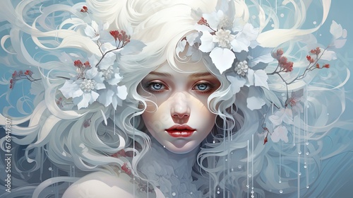 beautiful winter goddess wearing white gown dress in winter forest, character design illustration, Generative Ai 