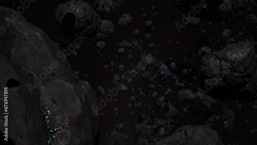 Asteroid belt field in dark outer space. 3D animation close tracking shot. Rock formations of cosmic debris and giant Meteorites. Celestial objects on stars background. Dust nebula haze low light. photo