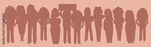 Silhouettes of crowd of people. Protest and strike, demonstration and revolution concept. Political protest in defense of women's rights. Vector in neon colors.