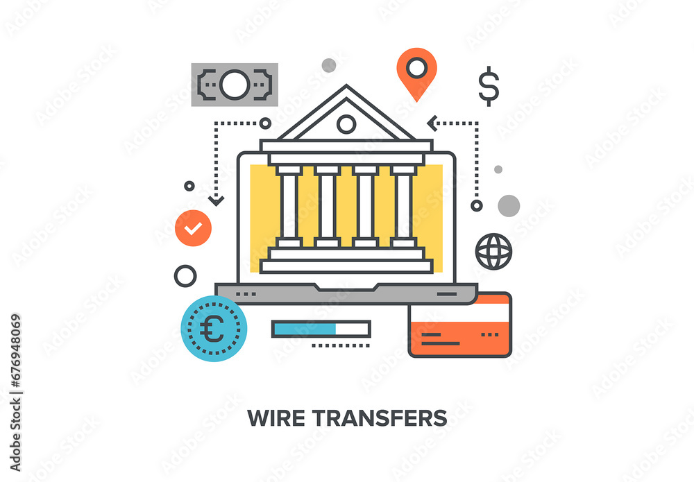 Vector illustration of wire transfers flat line design concept. Stock