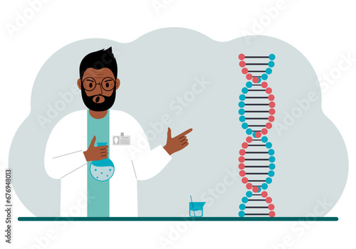 Male doctor with flasks near the dna chain. The concept of a new coronavirus, virus, pcr or disease treatment.