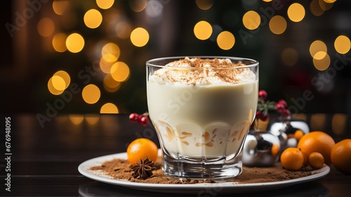 Eggnog orange in a glass, decorated with whipped cream and nutmeg, winter cocktail of raw eggs and spices on a dark wooden table. Background of Christmas lights.