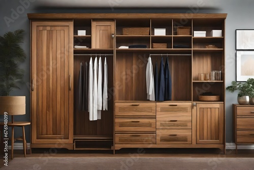 A wooden wardrobe with sliding doors.