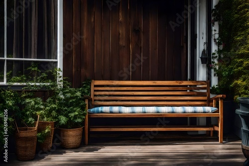 A wooden bench on a porch with cushions.