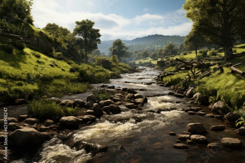 Serene Stream Flowing Through a Vibrant, Verdant Forest Generative AI