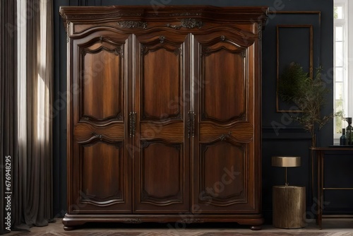 A wooden armoire with a mirrored door. photo