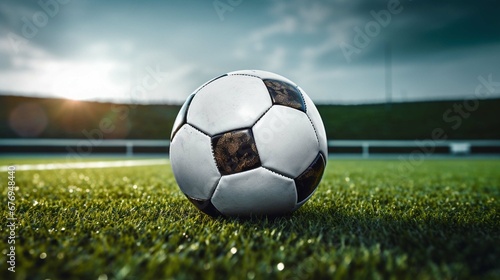 Black and white soccer and football ball in the field. Horizontal sport theme poster  greeting cards  headers  website and app photography   10   8k  8k render