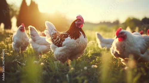 Hen with chickens outdoors on a pasture in the sun. Organic poultry farm. nature farming. photography ::10 , 8k, 8k render © Abid