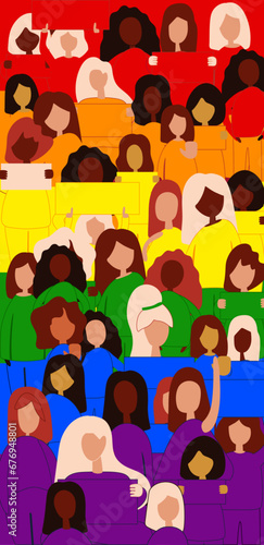 A crowd of people in the colors of the LGBT flag. LGBTQ community.  Human rights and tolerance. Pride Month. Vector vertical Cell mobile format