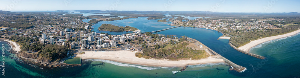 Naklejka premium Aerial view of the towns of forster and Tuncurry on wallis lakes on the New South Wales north coast, Australia.