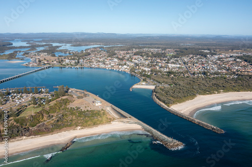 Aerial of the town of Tuncurry and the entrance to wallis lakes on the New South Wales north coast, Australia.