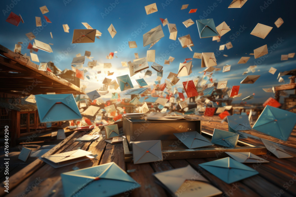Flying envelopes are sent to addressee. Letters fly through the air. Online message and virtual post. Social media concept - obrazy, fototapety, plakaty 