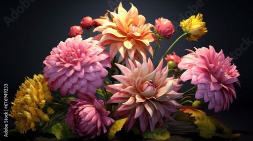 colorful dahlia flower bouquet on dark background, close up. Love concept with a space for a text. Valentine day concept with a copy space. © John Martin